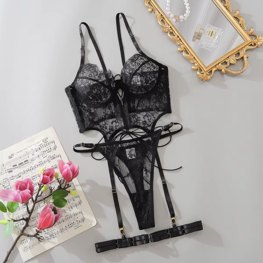 Strappy Black Lace Bodysuit with Lace-Up Back-Bodysuit-Bellascena-bellascena