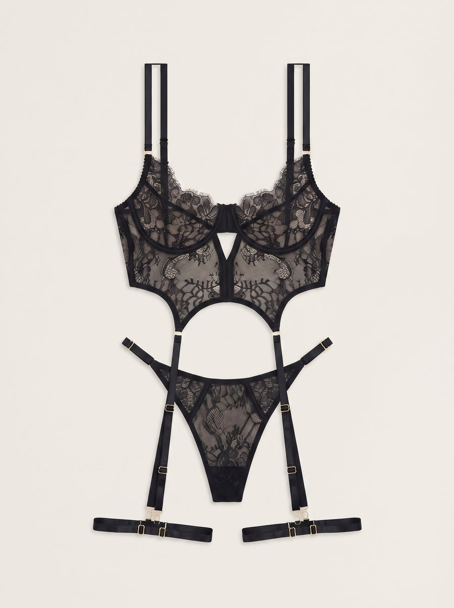Strappy Black Lace Bodysuit with Lace-Up Back-Bodysuit-Bellascena-bellascena