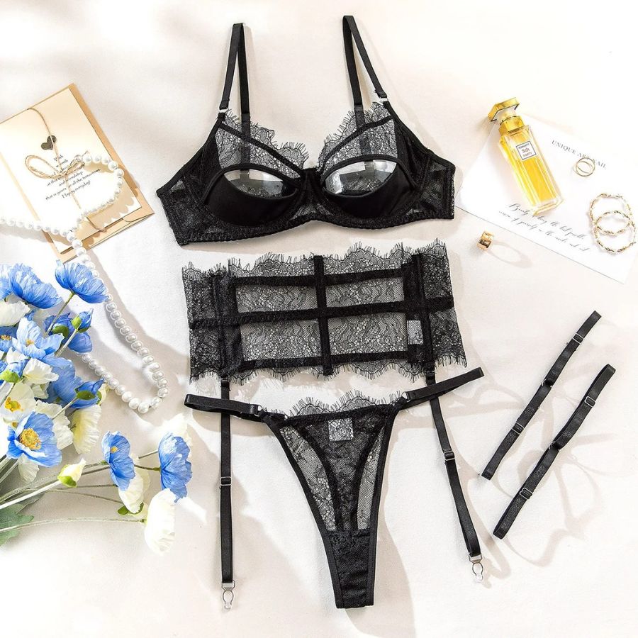 Strappy Black Lace Bodysuit with Sheer Cutout Design-Bodysuit-Bellascena-bellascena