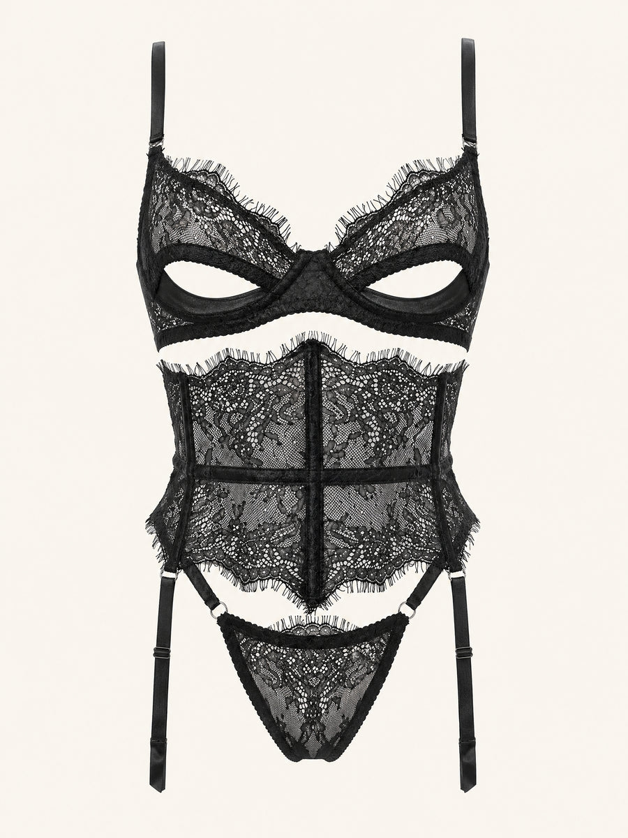Strappy Black Lace Bodysuit with Sheer Cutout Design-Bodysuit-Bellascena-S-Black-bellascena