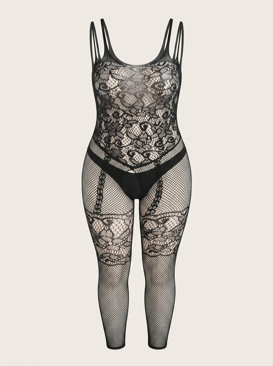 Strappy Black Lace Bodysuit with Sheer Cutouts-Bodysuit-Bellascena-Black-F-bellascena