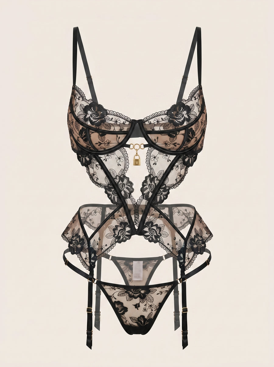 Strappy Black Lace Bodysuit with Sheer Details-Bodysuit-Bellascena-S-Black-bellascena