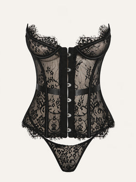 Strappy Black Lace Corset Bra Set with Fringe Detail-Bra-Bellascena-Black-S-bellascena