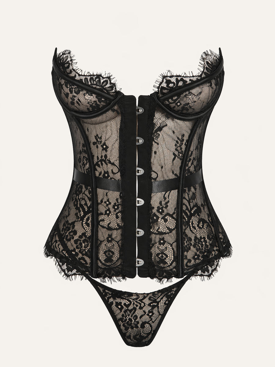 Strappy Black Lace Corset Bra Set with Fringe Detail-Bra-Bellascena-Black-S-bellascena