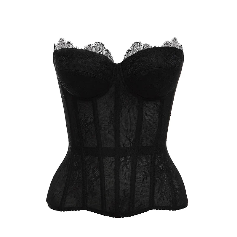 Strappy Black Lace Corset with Sheer Design-Corset-Bellascena-bellascena
