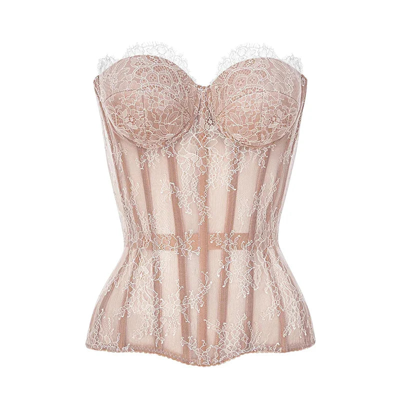 Strappy Black Lace Corset with Sheer Design-Corset-Bellascena-Beige-S-bellascena