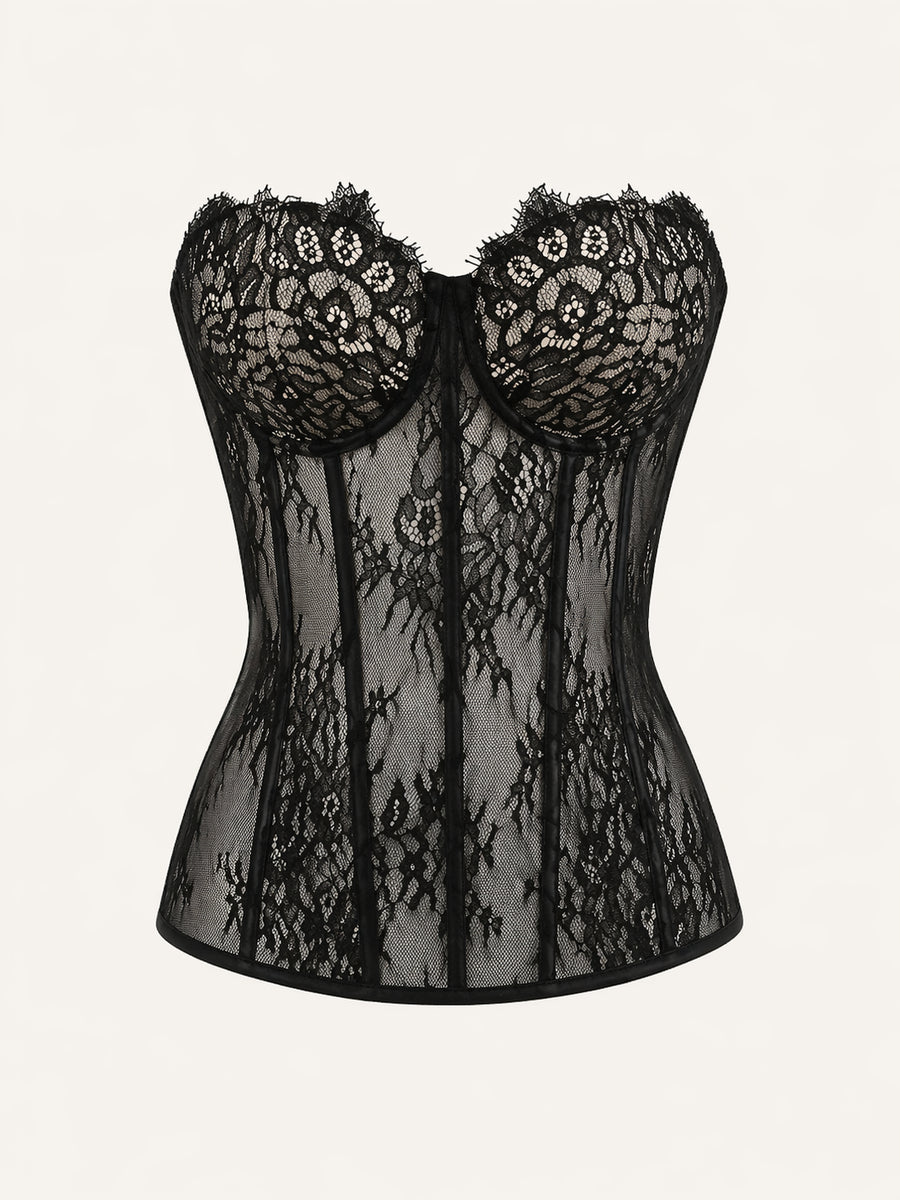 Strappy Black Lace Corset with Sheer Design-Corset-Bellascena-Black-S-bellascena
