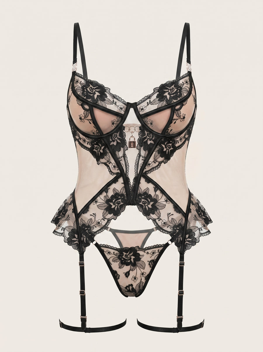 Strappy Black Lace Lingerie Set with Underwired Cups-Corset-Bellascena-Black-S-bellascena