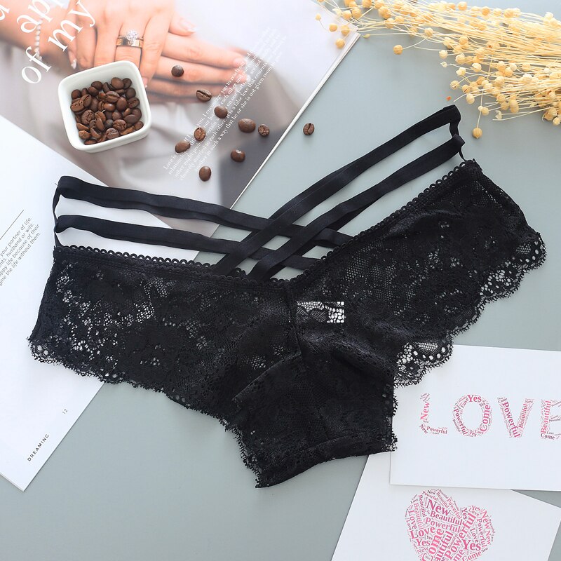 Strappy Black Lace Panty with Scalloped Edges-Panty-Bellascena-bellascena