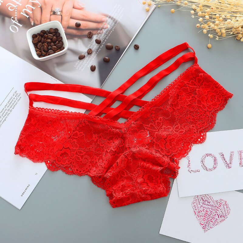 Strappy Black Lace Panty with Scalloped Edges-Panty-Bellascena-Red-Universal-bellascena