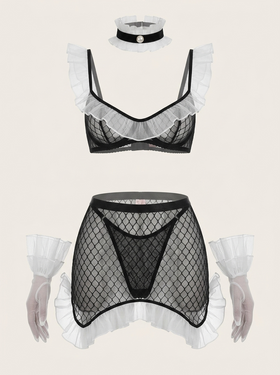 Strappy Black Mesh Babydoll with White Ruffle Details-Nightgown-Bellascena-S-Black-bellascena
