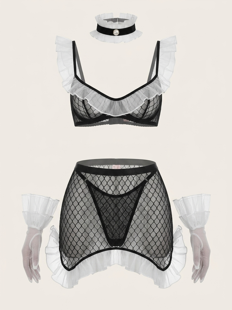 Strappy Black Mesh Babydoll with White Ruffle Details-Nightgown-Bellascena-S-Black-bellascena