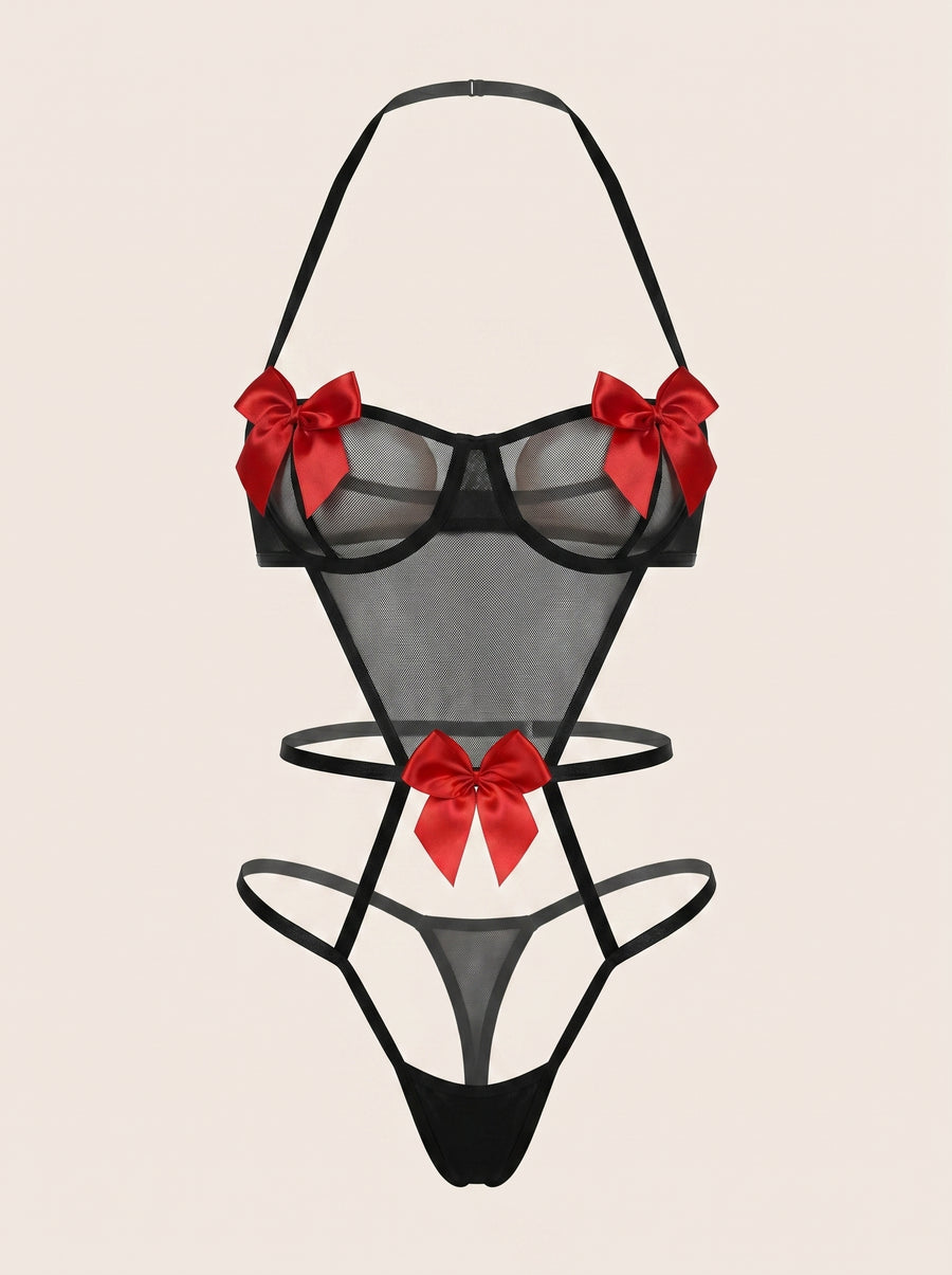 Strappy Black Mesh Bodysuit with Bow Detail-Bodysuit-Bellascena-Black-S-bellascena