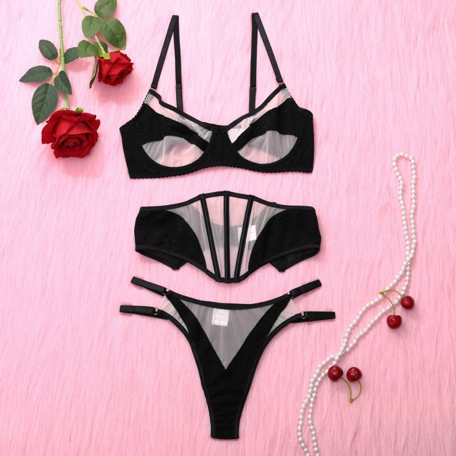 Strappy Black Mesh Bodysuit with Cutout Detailing-Bodysuit-Bellascena-bellascena