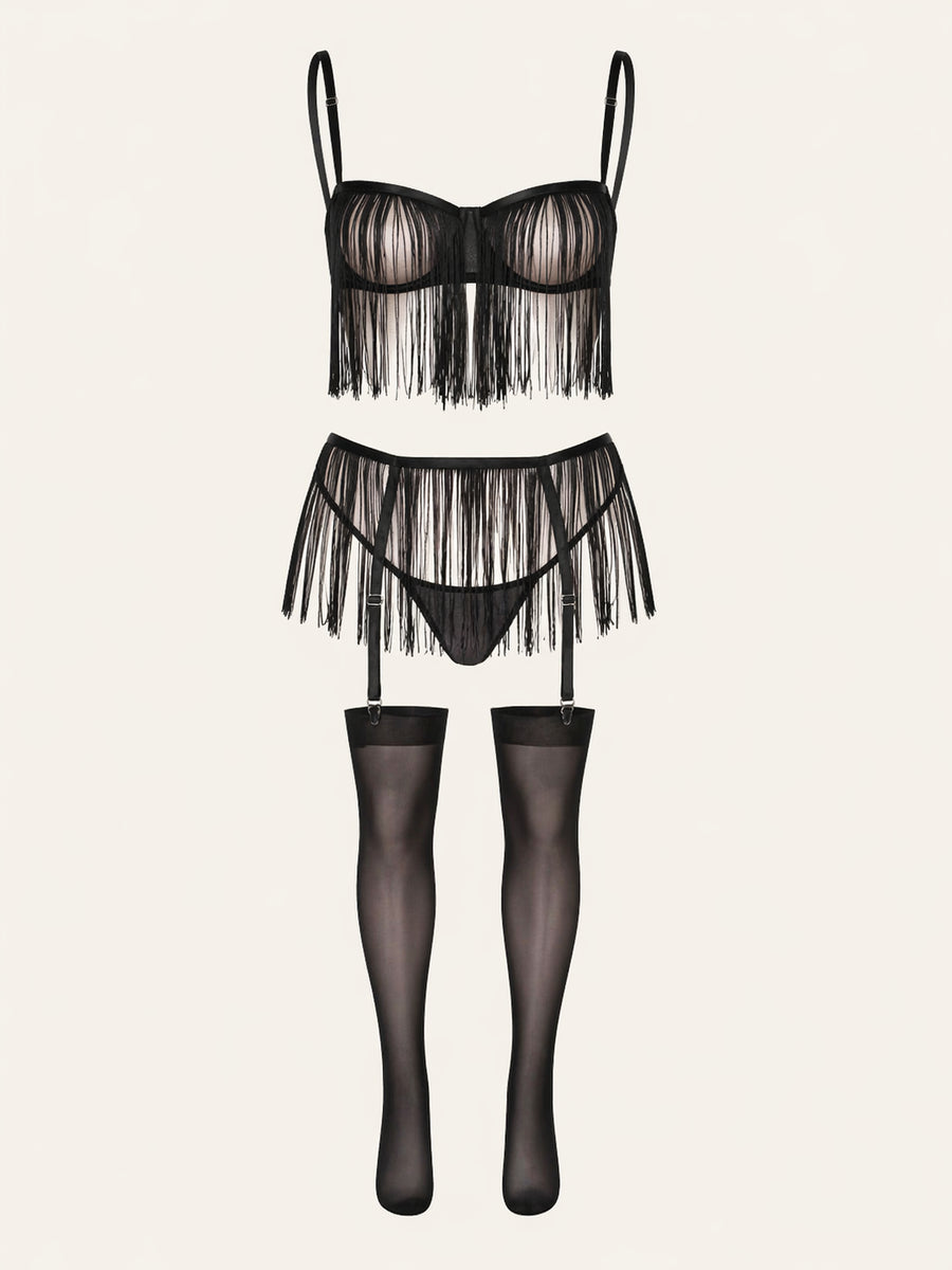 Strappy Black Mesh Lingerie Set with Fringe Detail-Lingerie Set-Bellascena-Black-S-bellascena