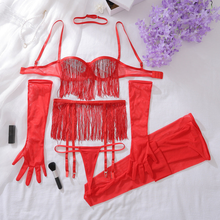 Strappy Black Mesh Lingerie Set with Fringe Detail-Lingerie Set-Bellascena-Red-S-bellascena