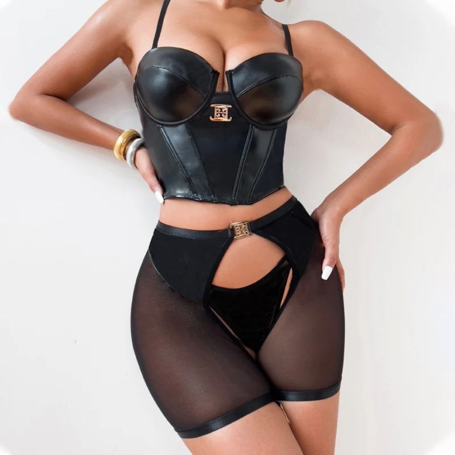 Strappy Black Satin Lingerie Set with Sheer Details-Lingerie Set-Bellascena-bellascena