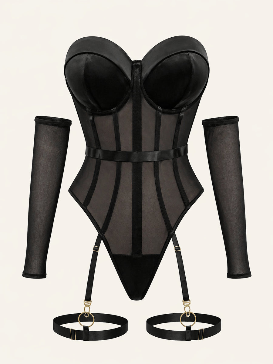 Strappy Black Sheer Mesh Bodysuit with Cutout Detail-Bodysuit-Bellascena-Black-S-bellascena