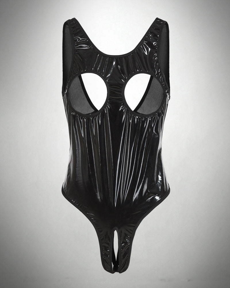 Strappy Black Shiny Fabric Teddy with Cupless Design-Bodysuit-Bellascena-bellascena