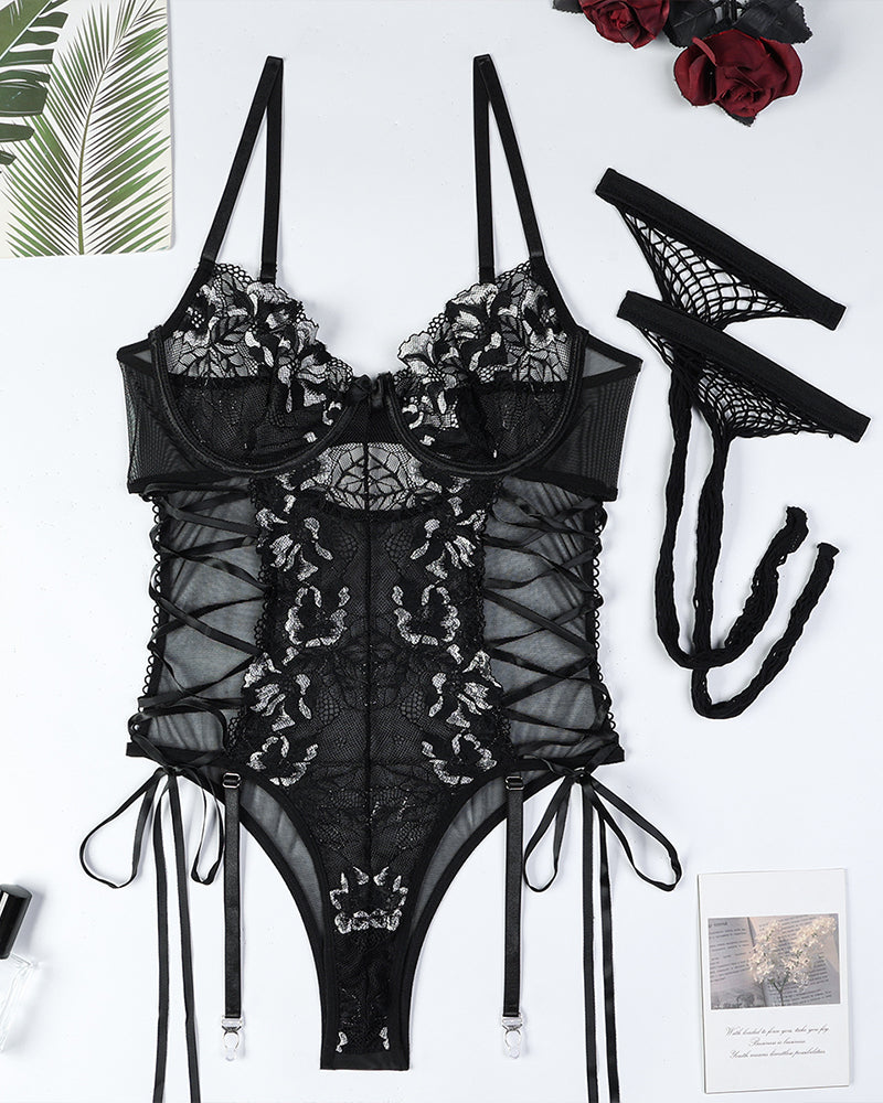 Strappy Black & White Lace Bodysuit with Underwire-Bodysuit-Bellascena-bellascena