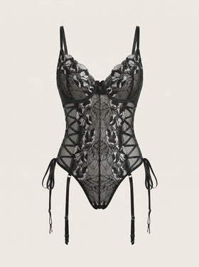 Strappy Black & White Lace Bodysuit with Underwire-Bodysuit-Bellascena-Black-S-bellascena