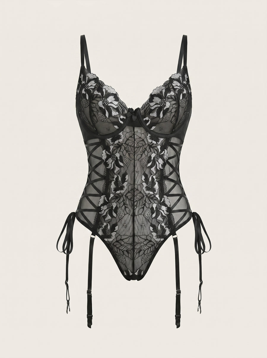 Strappy Black & White Lace Bodysuit with Underwire-Bodysuit-Bellascena-Black-S-bellascena
