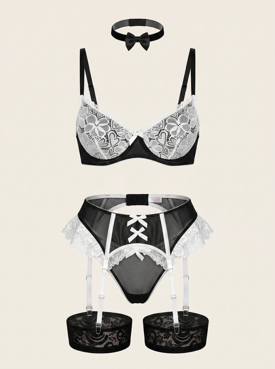 Strappy Floral White Lace Lingerie Set with Bow Detail-Lingerie Set-Bellascena-S-White-bellascena