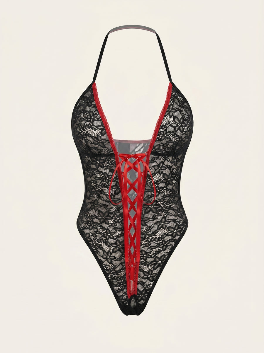 Strappy Lace-Up Black Lace Bodysuit with Red Accents-Bodysuit-Bellascena-Black-S-bellascena