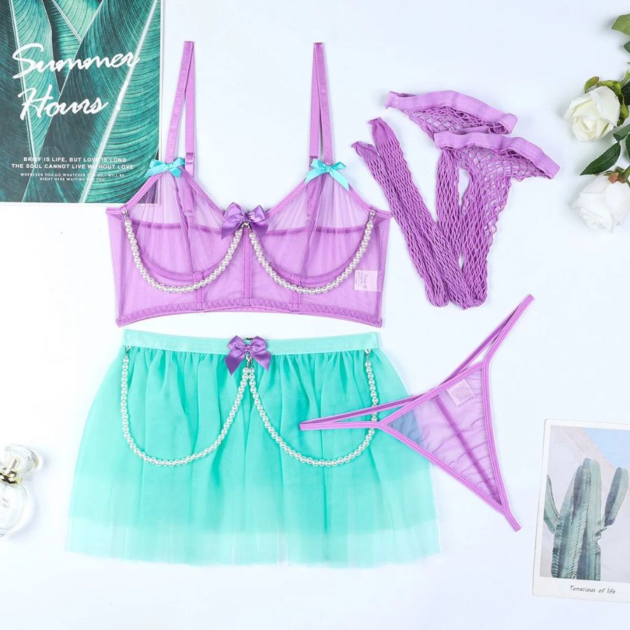 Strappy Lavender and Mint Green Mesh Bodysuit with Pearl Embellishments-Bodysuit-Bellascena-bellascena