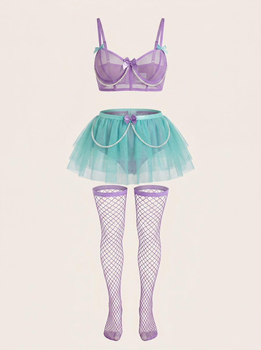 Strappy Lavender and Mint Green Mesh Bodysuit with Pearl Embellishments-Bodysuit-Bellascena-bellascena