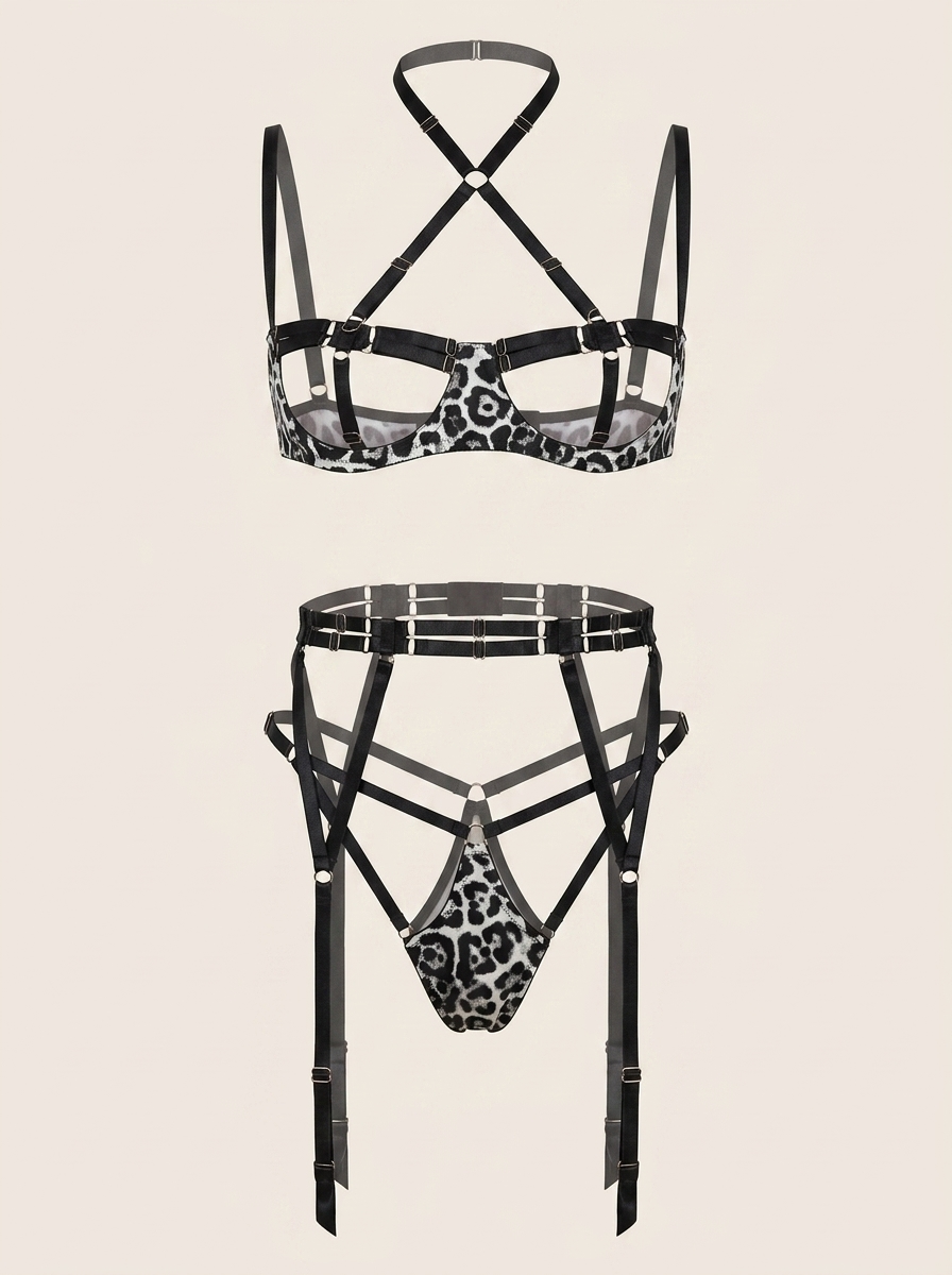 Strappy Leopard Print Mesh Lingerie Set with Sheer Cutouts-Lingerie Set-Bellascena-bellascena