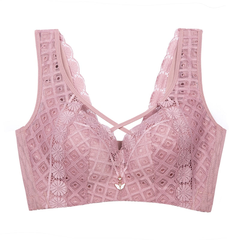 Strappy Mauve Lace Bra with Criss-Cross Sheer Panel-Bra-Bellascena-Purple-C-75-bellascena