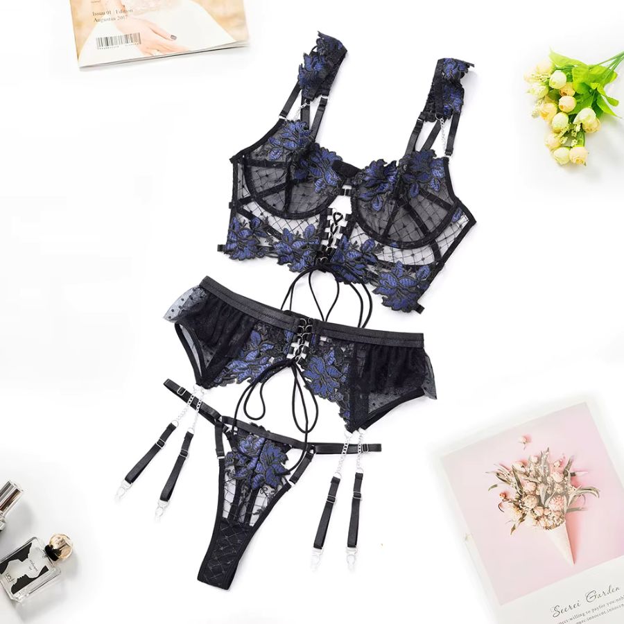 Strappy Navy Blue Floral Lace Bodysuit with Adjustable Straps-Bodysuit-Bellascena-bellascena