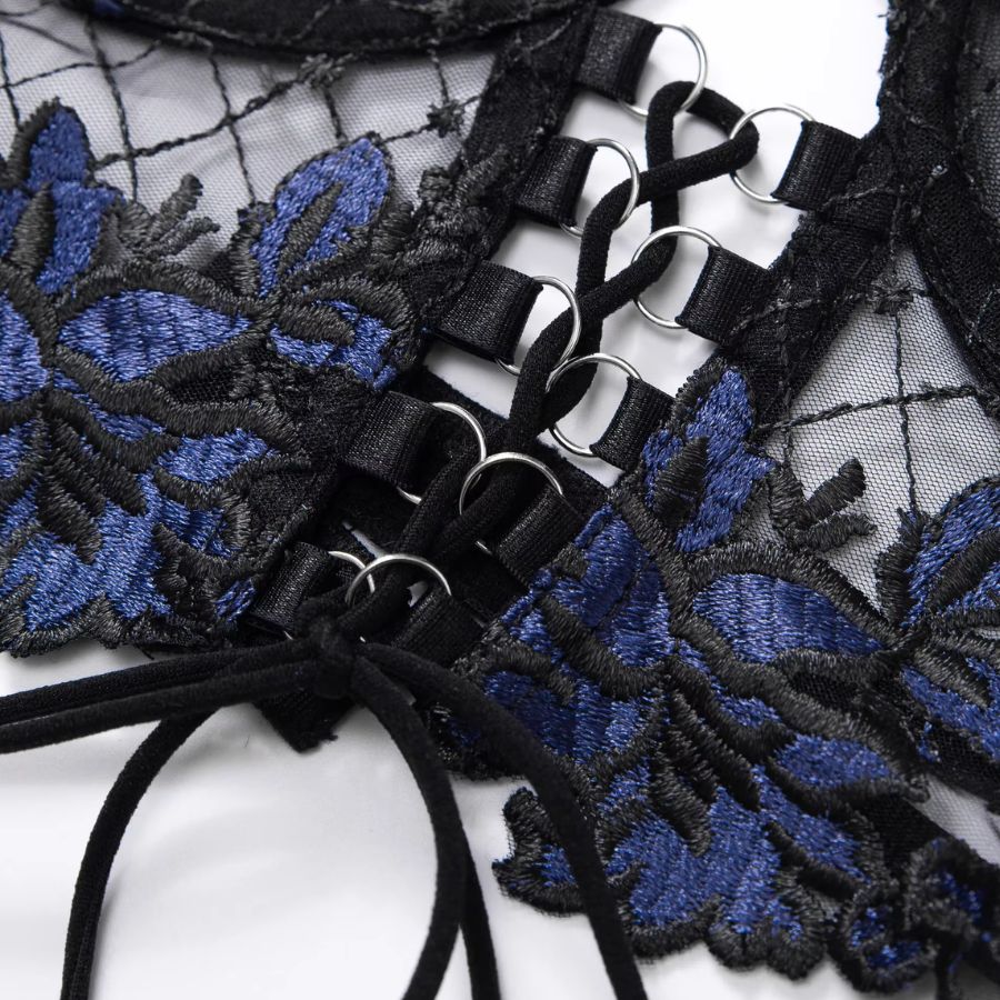 Strappy Navy Blue Floral Lace Bodysuit with Adjustable Straps-Bodysuit-Bellascena-bellascena