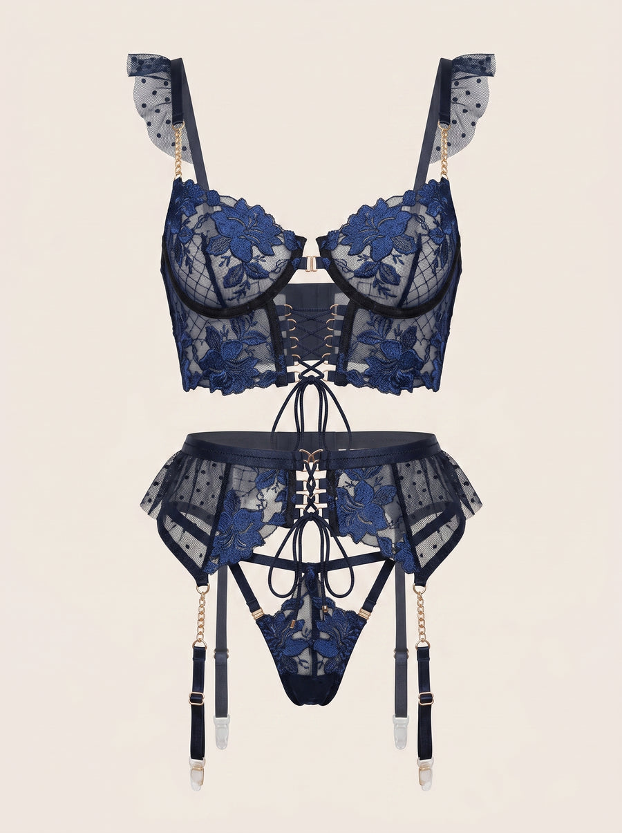 Strappy Navy Blue Floral Lace Bodysuit with Adjustable Straps-Bodysuit-Bellascena-S-Navy-bellascena