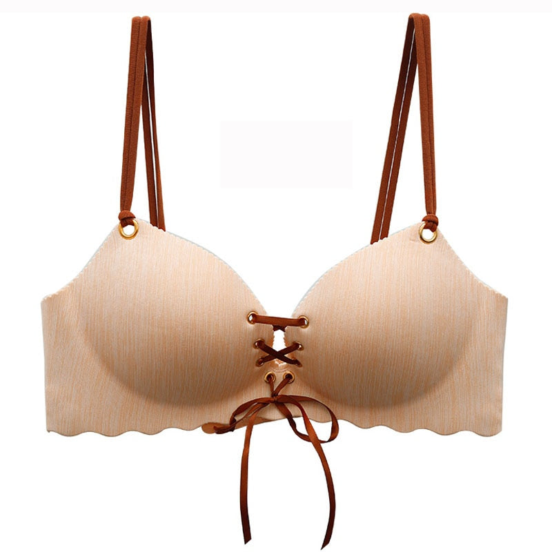 Strappy Peach Matte Synthetic Bra with Ties-Bra-Bellascena-Beige-70A-bellascena