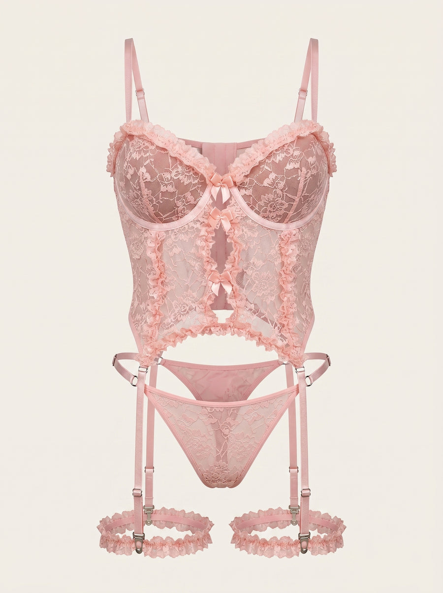 Strappy Pink Lace Lingerie Set with Cutout Details-Lingerie Set-Bellascena-S-Pink-bellascena