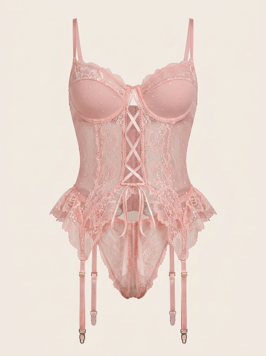 Strappy Pink Lace Lingerie Set with Stockings-Bra-Bellascena-Pink-S-bellascena