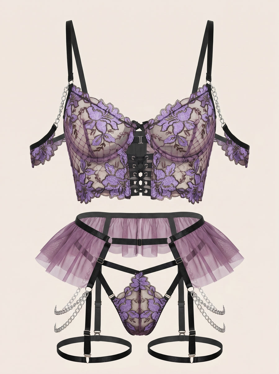 Strappy Purple Floral Lace Bodysuit with Sheer Cutouts-Bodysuit-Bellascena-S-Purple-bellascena