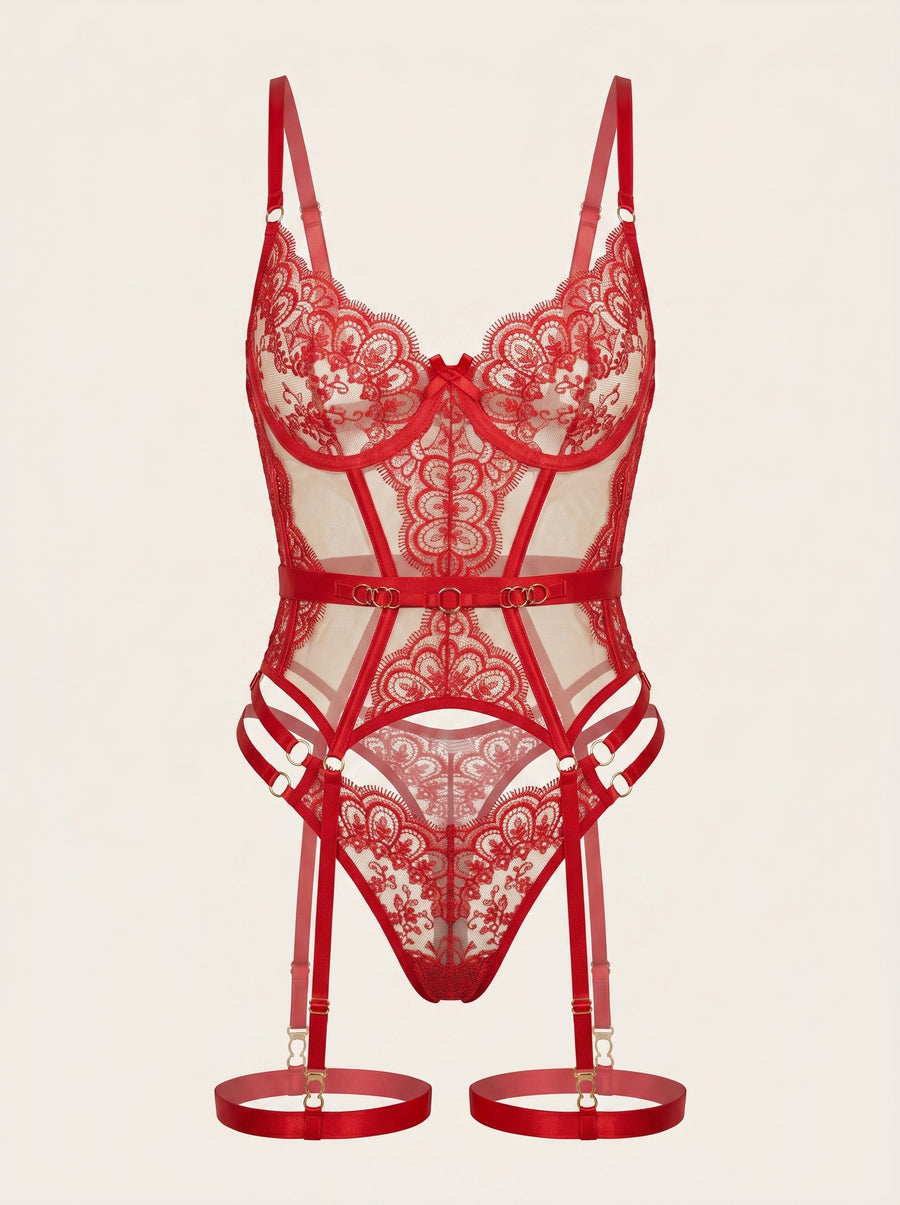 Strappy Red Lace Bodysuit with Sheer Cutout Design-Bodysuit-Bellascena-S-Red-bellascena