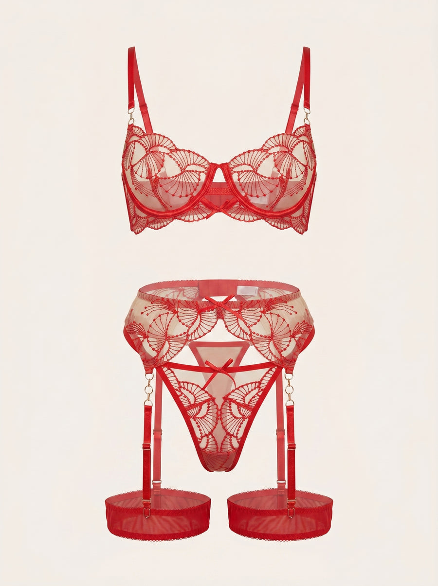 Strappy Red Lace Lingerie Set with Scalloped Edges-Lingerie Set-Bellascena-S-Red-bellascena