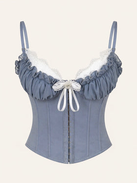 Strappy Steel Blue Cotton Bodysuit with Cutout Ruffle Design-Bodysuit-Bellascena-Blue-S-bellascena