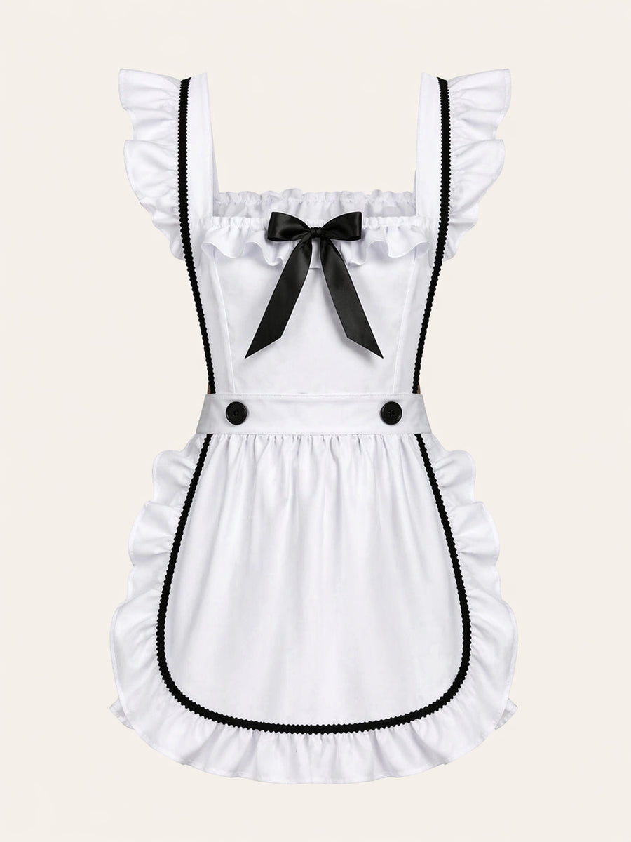 Strappy White Cotton Cosplay Set with Bow Detail-Lingerie Set-Bellascena-S-White-bellascena