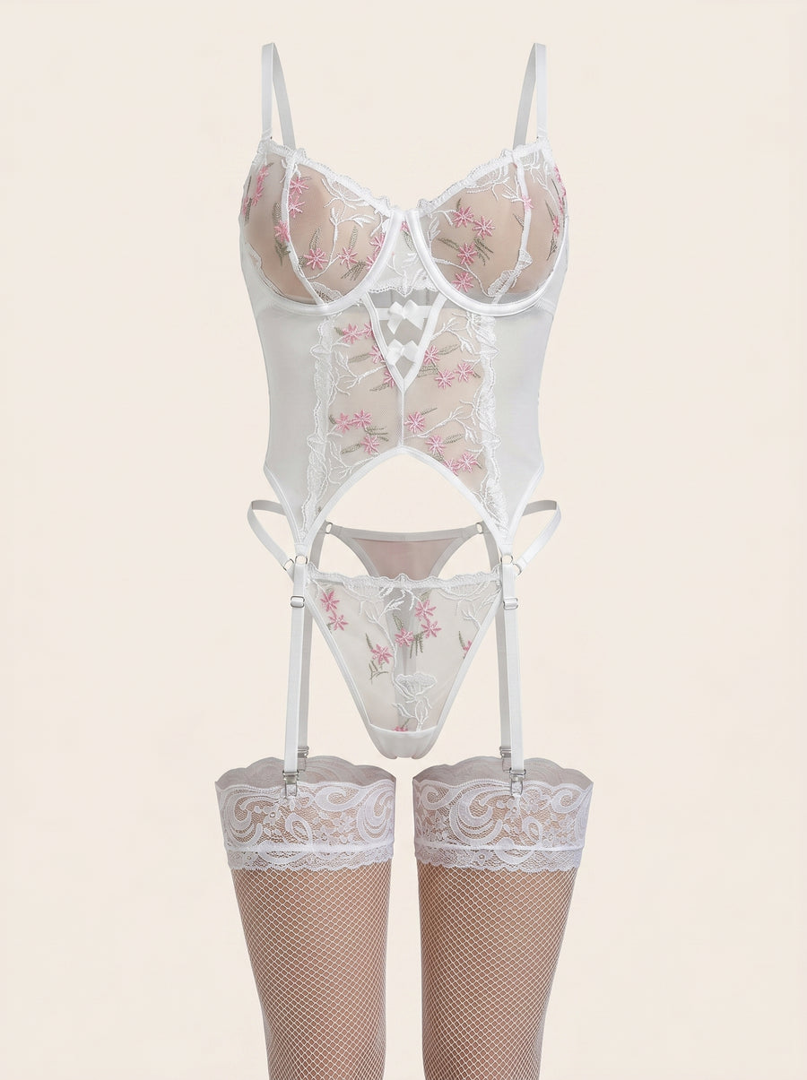 Strappy White Floral Sheer Mesh Bodysuit with Embroidery-Bodysuit-Bellascena-S-White-bellascena