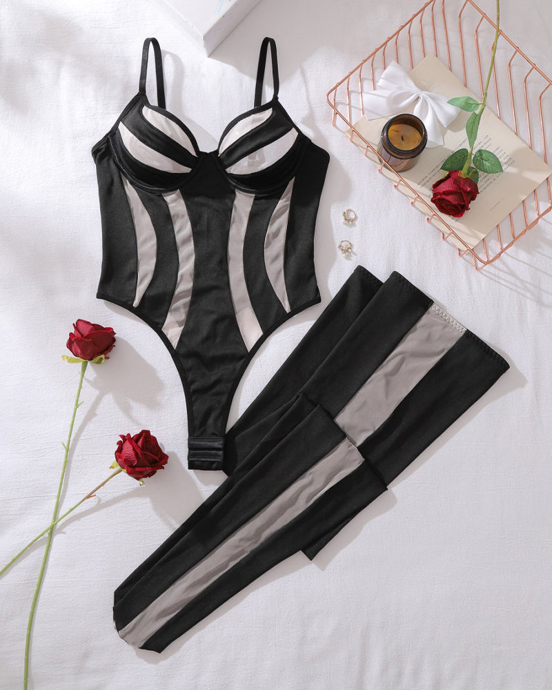 Striped Black and Nude Mesh Bodysuit with Strappy Details-Bodysuit-Bellascena-bellascena