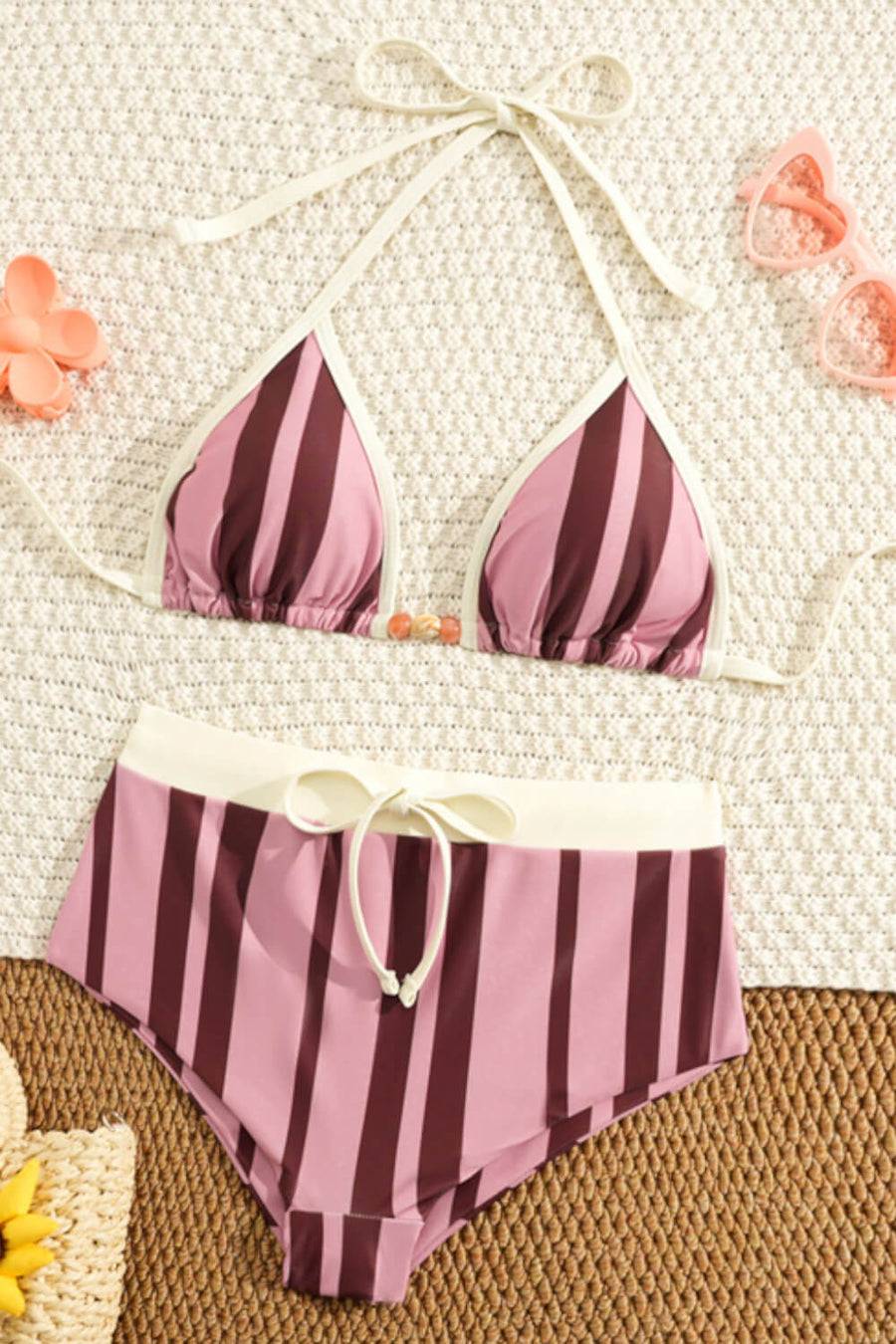 Striped Pink and Maroon Polyester Swimwear Set with Bead Detail-One-Piece Swimsuit-Bellascena-bellascena