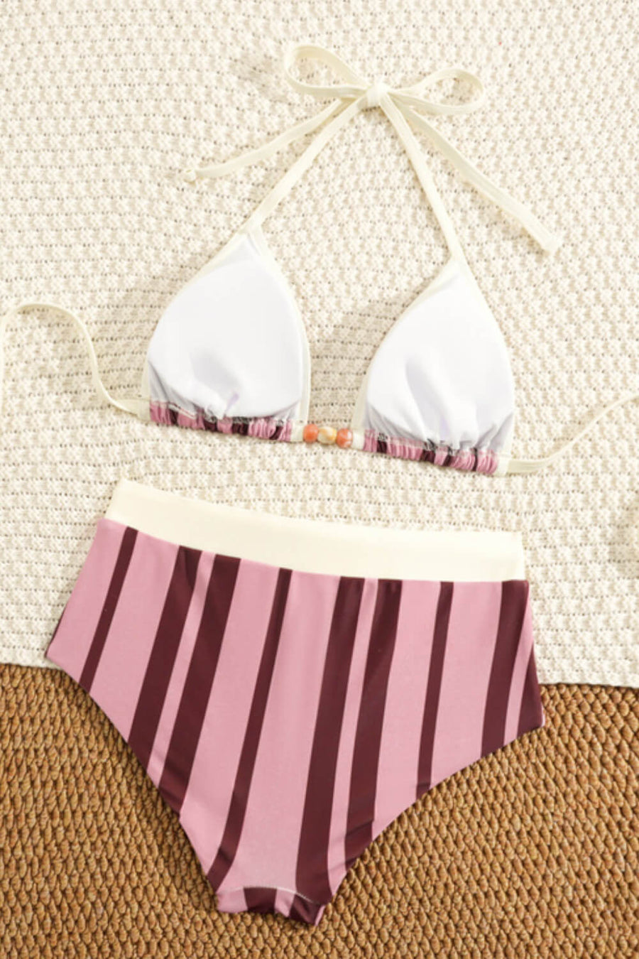 Striped Pink and Maroon Polyester Swimwear Set with Bead Detail-One-Piece Swimsuit-Bellascena-bellascena