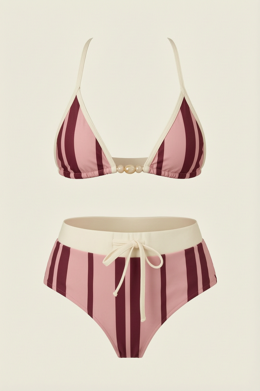 Striped Pink and Maroon Polyester Swimwear Set with Bead Detail-One-Piece Swimsuit-Bellascena-bellascena