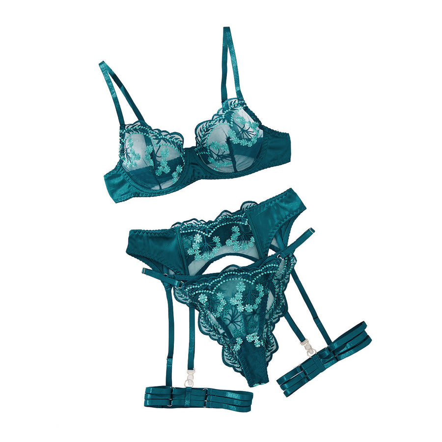 Teal Floral Embroidered Mesh Lingerie Set with Strappy Detail-Lingerie Set-Bellascena-bellascena