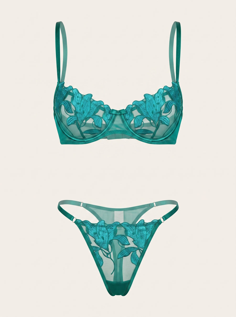 Teal Floral Embroidery Lingerie Set with Strappy Details-Lingerie Set-Bellascena-bellascena